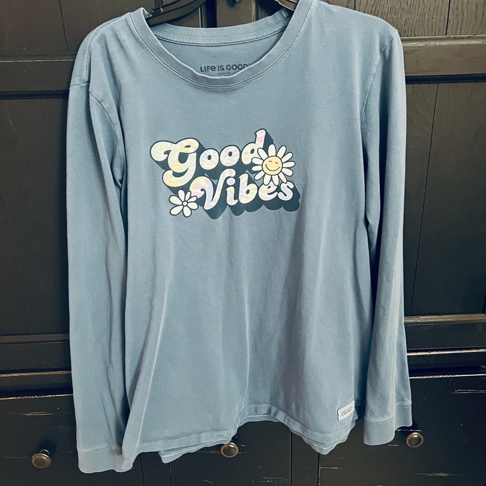 Life Is Good Long Sleeve Shirt - Blue with Good Vibes Design